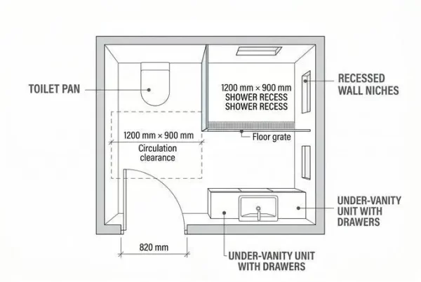 Compact bathroom layout with wall-hung toilet and vanity
