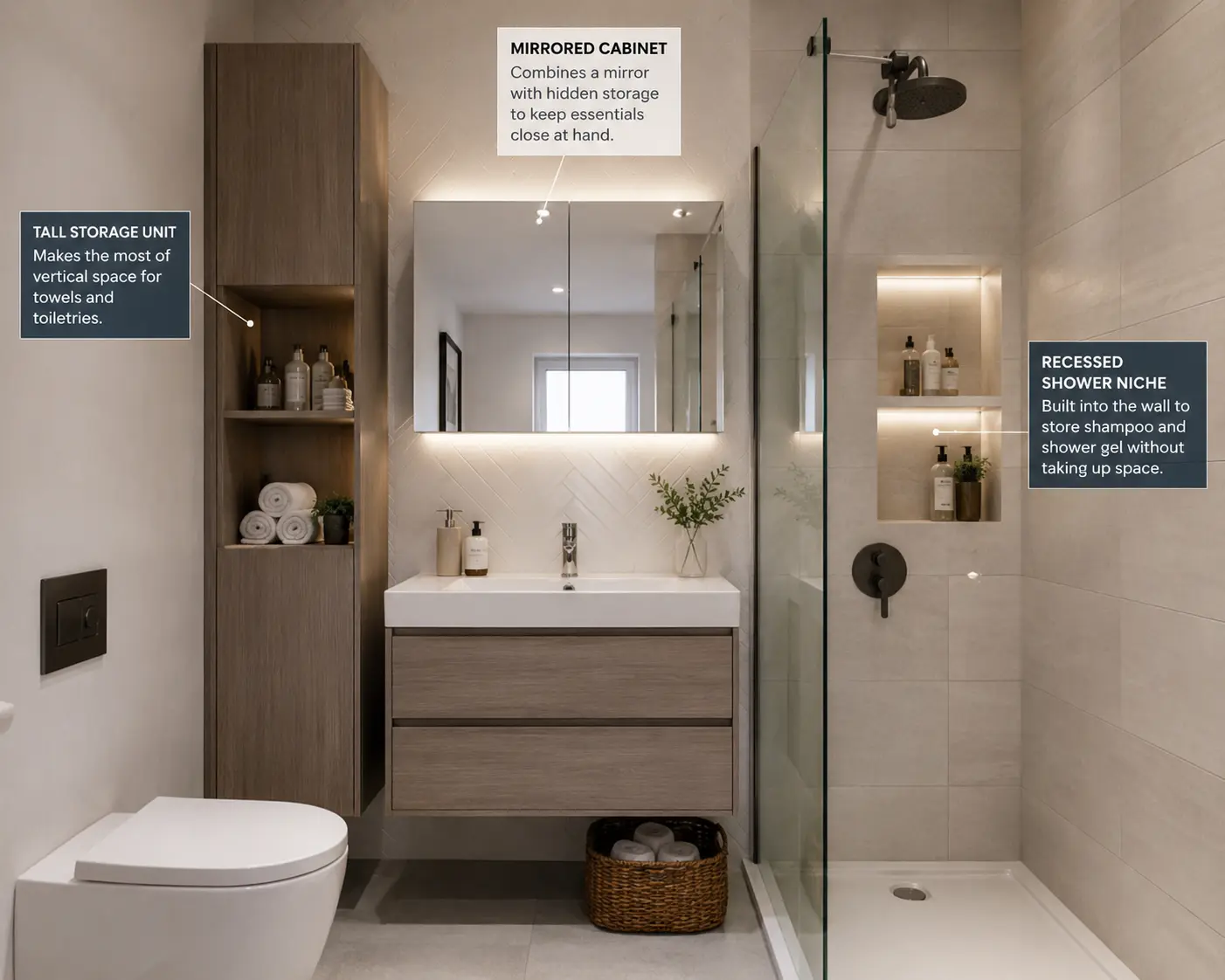 Small bathroom design with large mirror and wall-mounted storage
