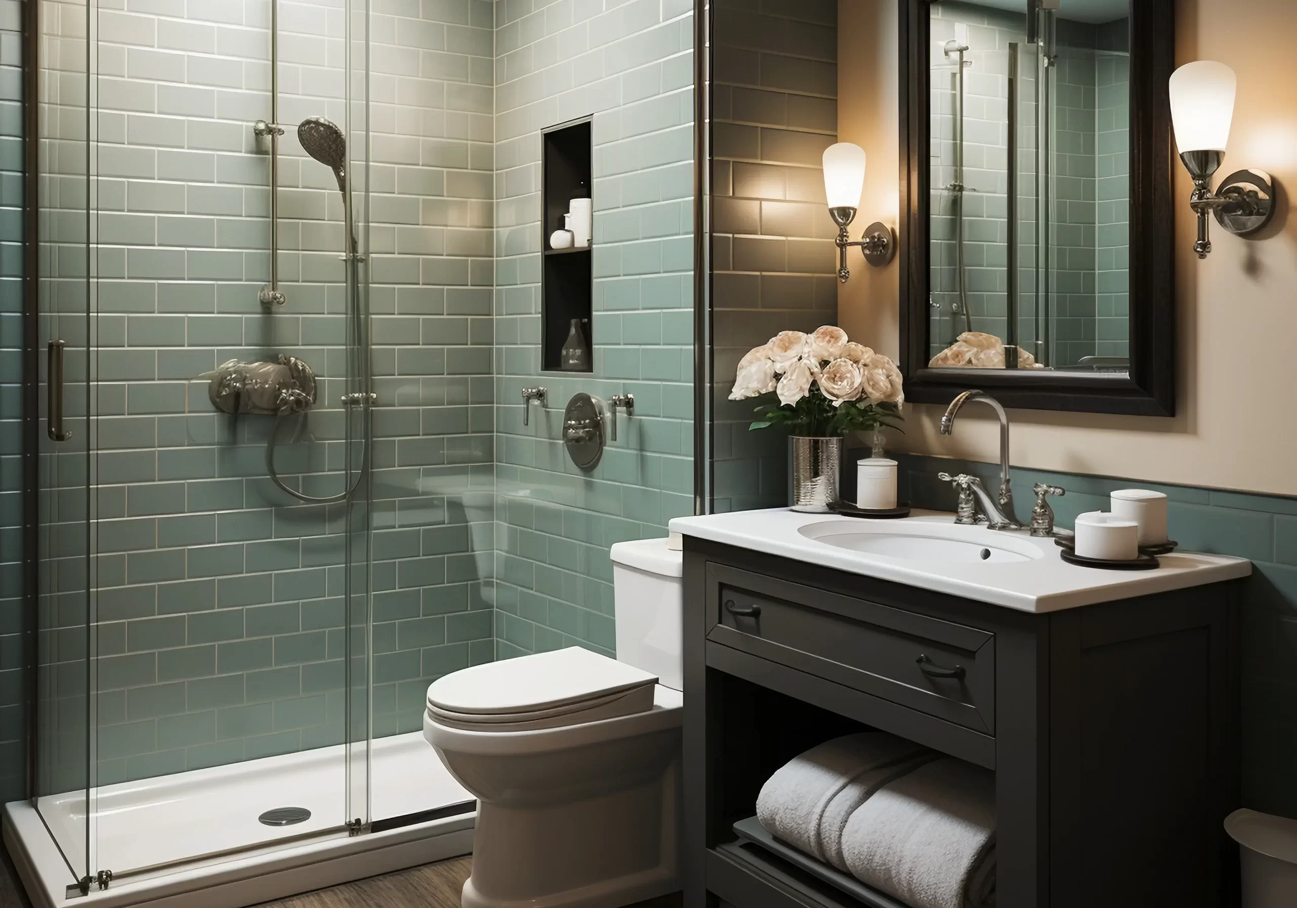Stylish modern bathroom design with shower enclosure and lighting